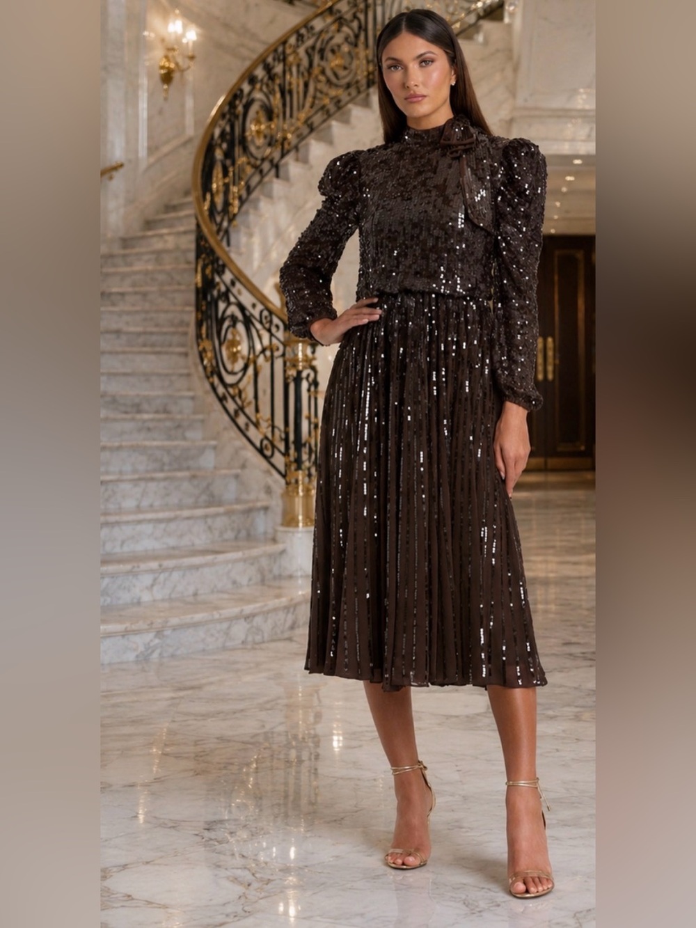 NEW MAC DUGGAL sequin long sleeve tea length dress in dark chocolate
